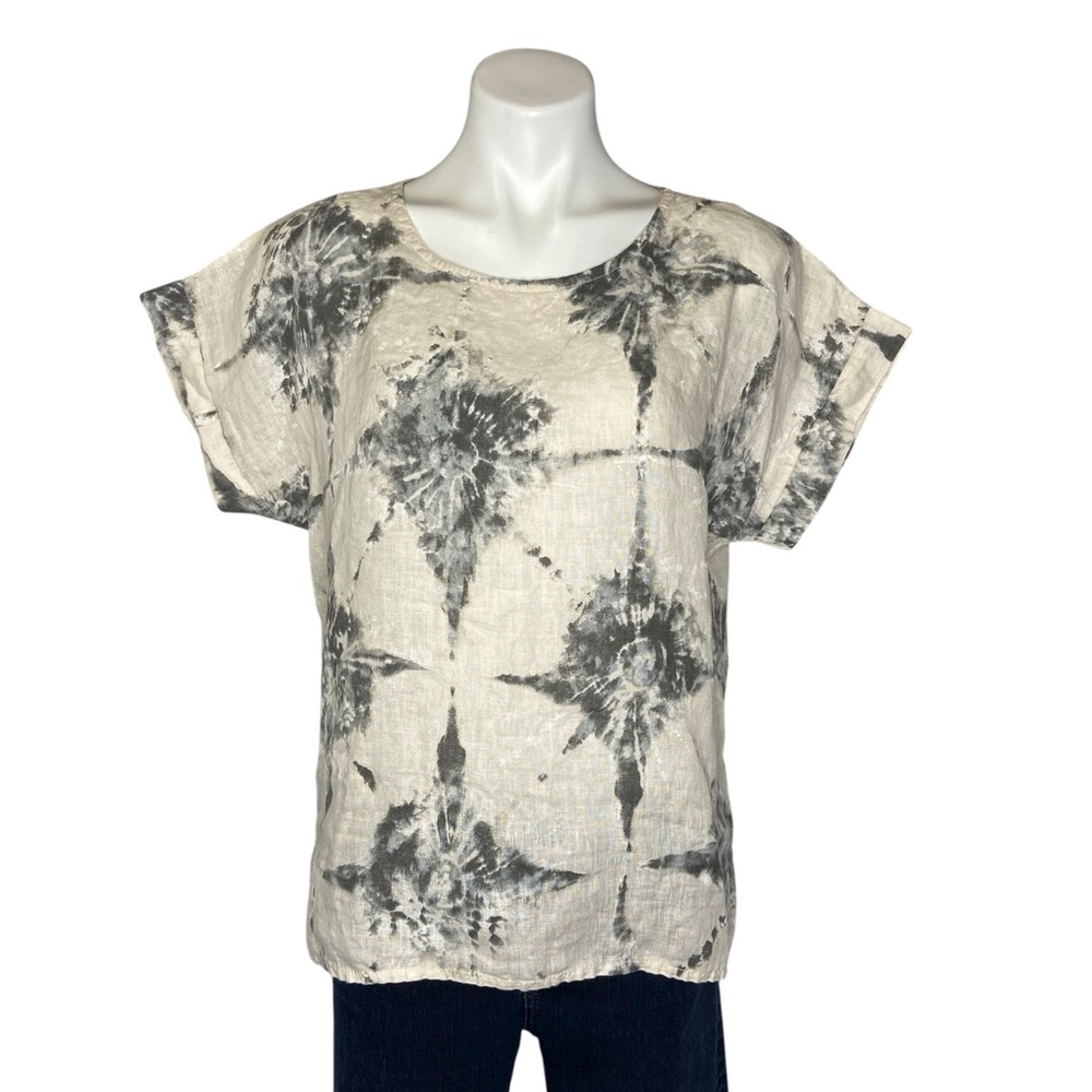 BELLAMBIA 100% Linen Top Short Sleeves Round Neckline Tie Dye Cream Gray Small